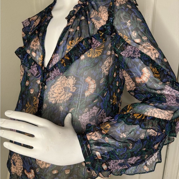 Veronica Beard Floral Ruffle V-Neck Blouse - Picture 12 of 16